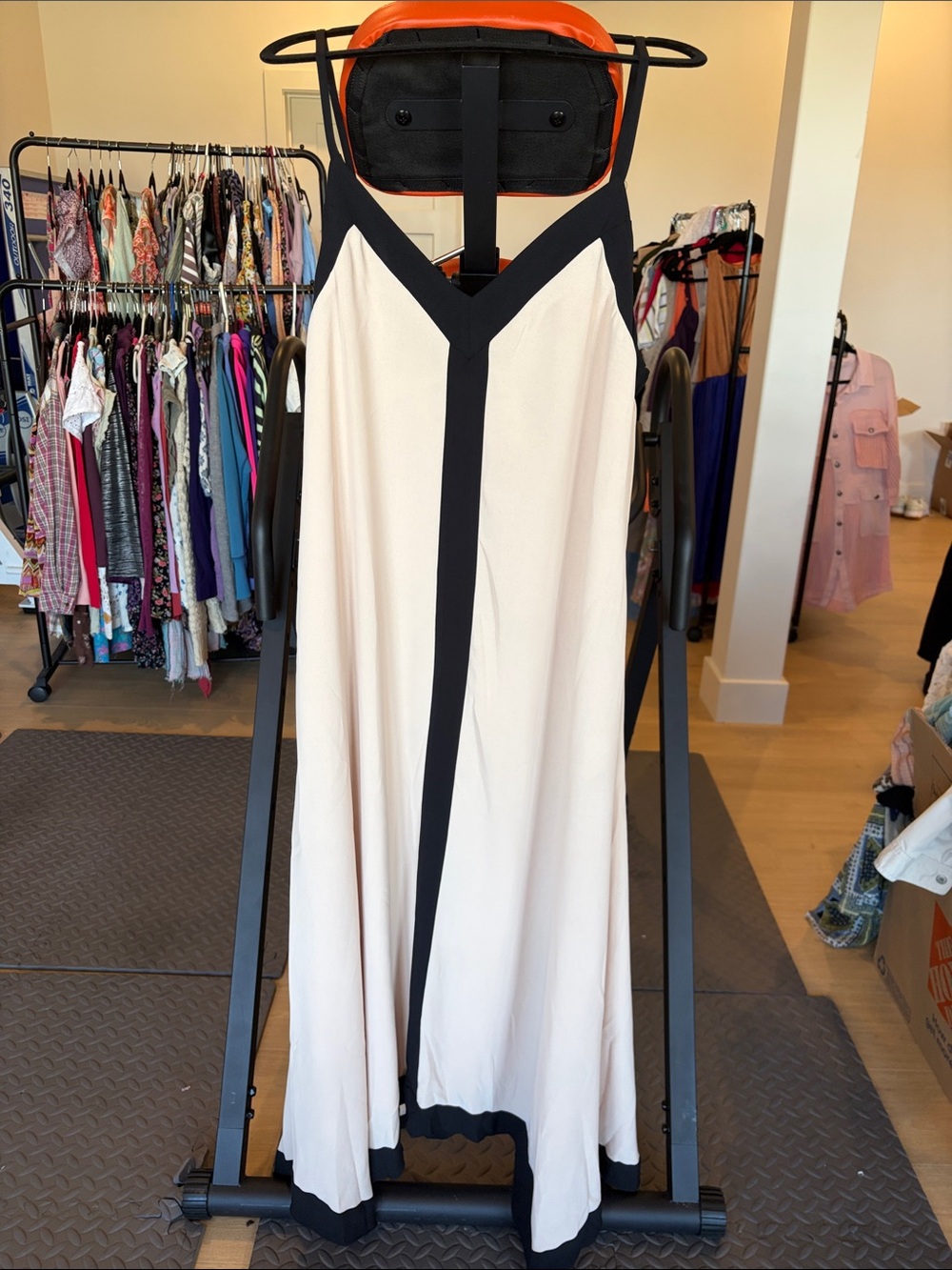 Cream and Black Contrast Trim Maxi Dress with V-Neck Straps